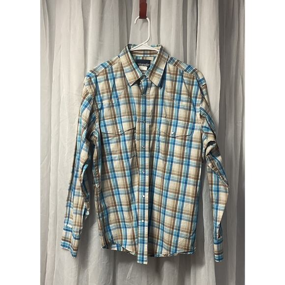 Wrangler Other - Wrangler Mens L Blue Brown Plaid Shirt Pearl Snap Long Sleeve Western Wrancher